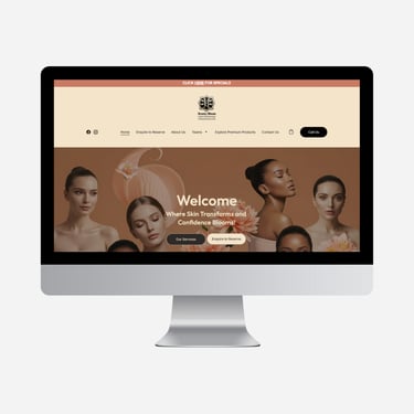 Desktop monitor displaying the Beauty Bloom Collective skincare website with diverse models and a floral theme.