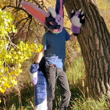 Purple and blue cabbit personal fursuit made by Teto Creations