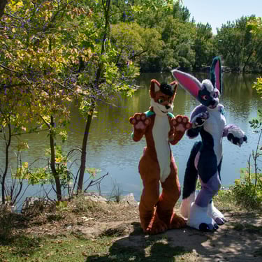 Avitus the fox fursuit and Pike the cabbit fursuit in a cute pose with fall leaves both suits made by Teto Creations