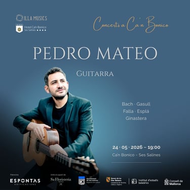 Poster for Pedro Mateo’s concert at Ca’n Bonico featuring works by Bach, Feliu Gasull, Manuel de Fal