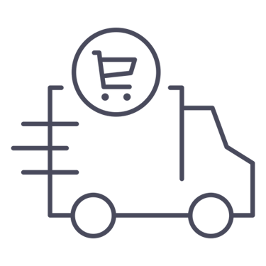 Minimalist delivery truck icon with a shopping cart symbol representing fast shipping and e-commerce logistics.