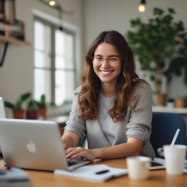 a woman sitting at a table with a laptop computer