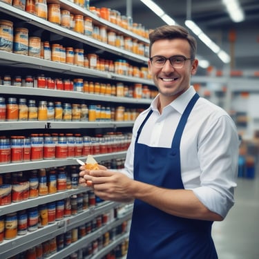 A satisfied customer standing next to a packaging machine.