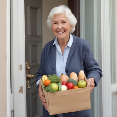 A smiling person receiving a grocery delivery at their doorstep.