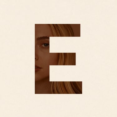 A blonde woman's face visible through a minimalist capital letter E cutout on a beige background.