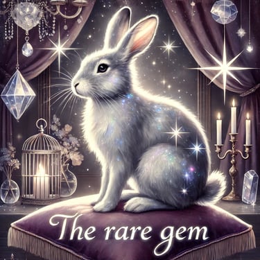 a rabbit sitting on a cushion with a birdcage and candles