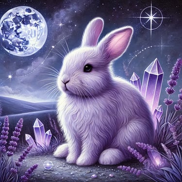 a purple rabbit sitting on a rock