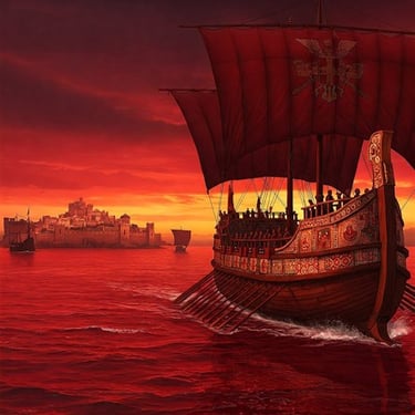 Byzantine warship in red ocean
