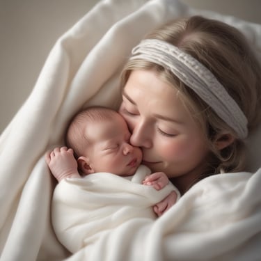 A newborn baby is lying on a soft, textured beige blanket. The baby is wearing a white diaper with the words 'respect nature' and a small plant graphic. Next to the baby is a plush toy resembling an animal dressed in a striped outfit.
