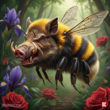 Fantasy creature hybrid of a wild boar and bumblebee flying through a garden of roses and irises.