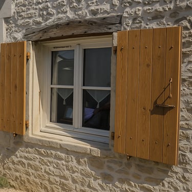 Des volet en bois gris avec une peinture naturelle moins chère à l'achat et en simple en entretien