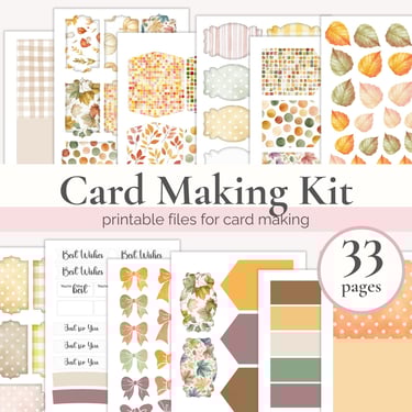 Card making kit printable sheets shown, with a text "33 pages"