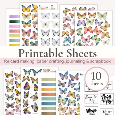 Sheets with colorful butterflies. Text overlay: Printable Sheets
