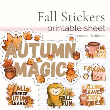 fall stickers with leaves, acorns, cup of tea, and owl and fall quotes