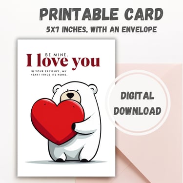 Greeting card with a bear holding a heart. Text overlay: Printable card