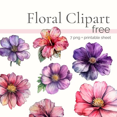 Watercolor pink and purple flowers with text "free floral clipart"