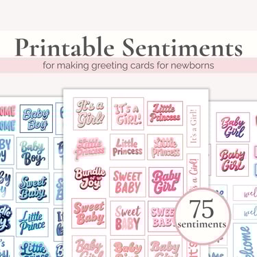 Sheets of card making sentiments for newborn girl and boy