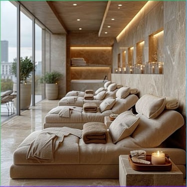a row of massage chairs with candles and candles