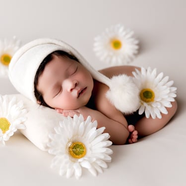 Recién nacido dormido con girasoles