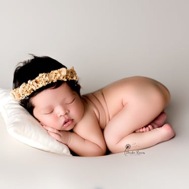 recién nacida con tocado amarillo dormidita sobre almohada