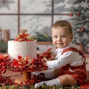 niño con tarta entre las piernas con ún árbol de navidad al fondo