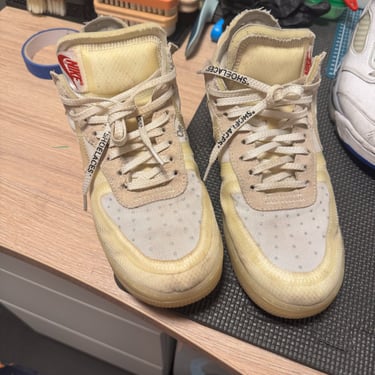 KicksReboot performed a renovation very rare Nike Air Force 1 Off-White The Ten shoes, photo taken during the process