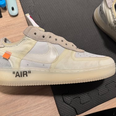 KicksReboot performed a renovation very rare Nike Air Force 1 Off-White The Ten shoes, photo taken during the process