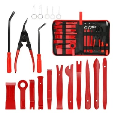Professional red car trim removal tool kit with pry bars, pliers, and fastener removers in a storage bag.
