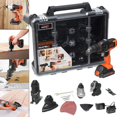 Black and Decker Matrix 20V cordless power tool combo kit with interchangeable drill, sander, and saw heads.