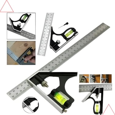 Adjustable 12-inch stainless steel combination square tool set with bubble level and scribe for woodworking.