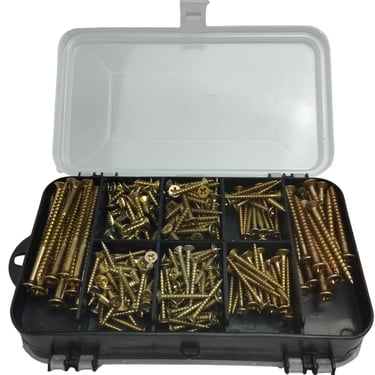 Organized assortment of yellow zinc wood screws in a black plastic hardware storage box.