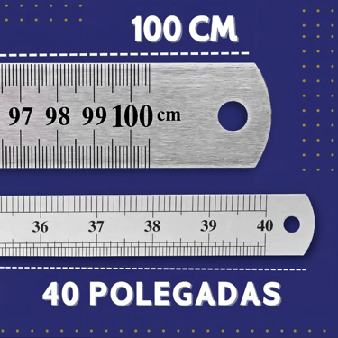 Close-up of a stainless steel ruler showing 100 cm and 40 inches metric and imperial scales.