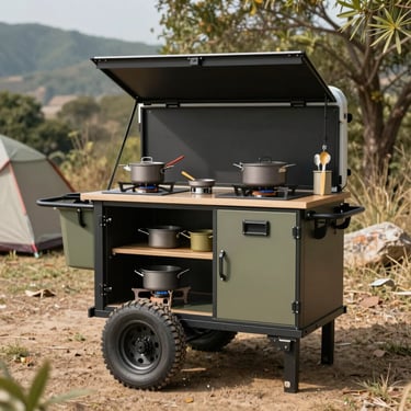 Portable outdoor camp kitchen cart with a gas stove and cookware set up at a campsite.