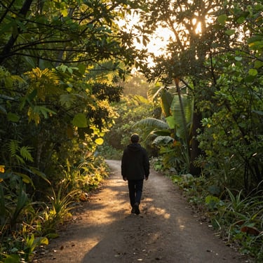 A person walking on a dirt path through a lush tropical forest during golden hour sunset.