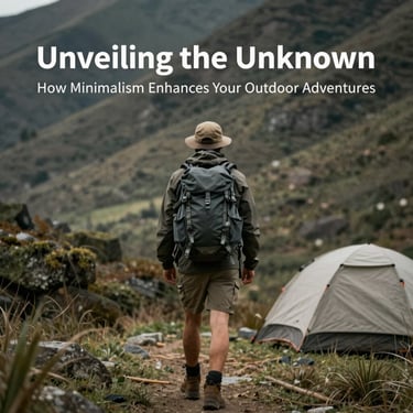 A solo hiker with a backpack walks past a tent during a minimalist mountain camping adventure.
