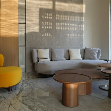 Gray Sofa with wooden Center Table and yellow chair in Ahmedabad