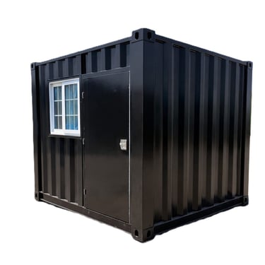 Black modified shipping container home with a glass window and steel door on a white background.
