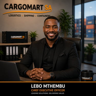 Cargomart SA CEO Lebo Mthembu in a professional logistics shipping office setting.