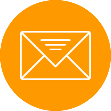 White outline of an envelope icon for email and contact on an orange circle background.