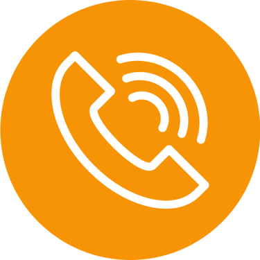 Orange circular telephone icon with white handset and signal waves for contact us support.