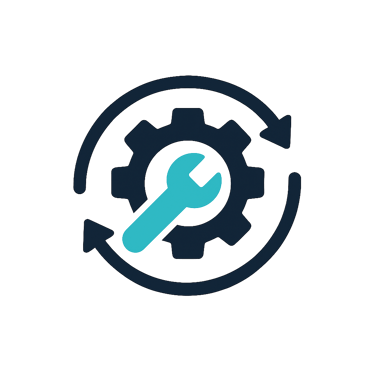 Ícone de conjunto mecânico com setas circulares representando substituição de componentes obsoletos 