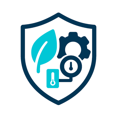 Ícone de escudo com folha e engrenagem representando adequação técnica às normas de eficiência e com