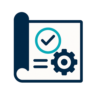 Ícone de blueprint e checkmark representando verificação das instalações conforme normas e especific