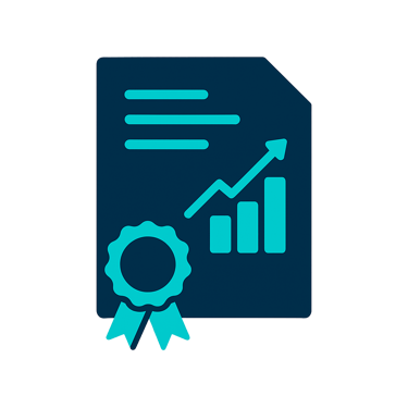 Ícone de relatório técnico e selo de conformidade representando documentação final do processo e ent