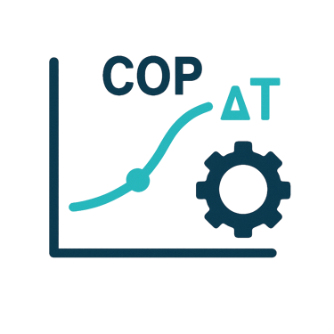Ícone de gráfico técnico com indicadores COP e ΔT representando cálculo de performance e análise com