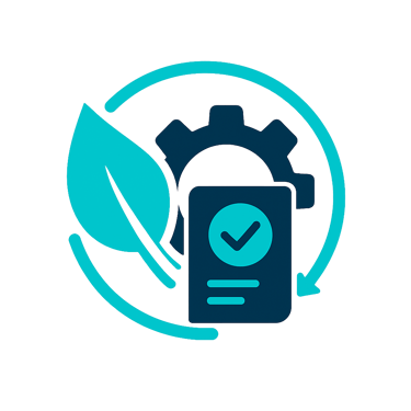 Ícone de engrenagem com folha e setas circulares representando aplicação de soluções energéticas de 