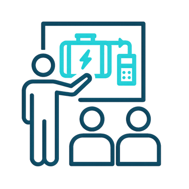 Ícone de instrutor com engenheiros simbolizando aprimoramento técnico e transferência de conheciment