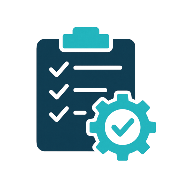Ícone de clipboard com checkmarks e engrenagem representando padronização de rotinas e consistência 