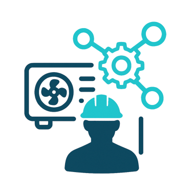 Ícone de técnico com sistema HVAC simbolizando diagnóstico e otimização energética.