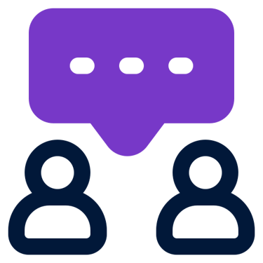 a purple and black icon with two people and a talking blurb